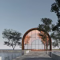 Modern Sales Office Building With Arched Glass Facade Copper Frame And Surrounding Trees