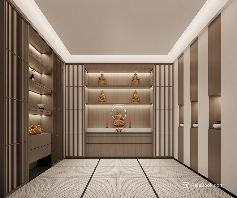 Serene Buddhist Shrine Interior Design With Golden Statues And Wooden Shelves 3d model 