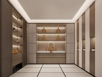 Serene Buddhist Shrine Interior Design With Golden Statues And Wooden Shelves 3d model