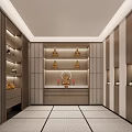 Serene Buddhist Shrine Interior Design With Golden Statues And Wooden Shelves