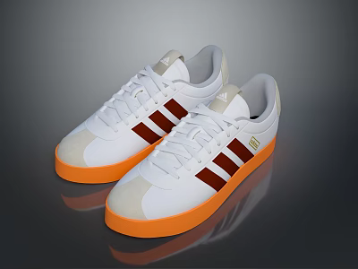 White Lace Up Casual Shoes with Three Brown Stripes and Orange Rubber Sole 3d model
