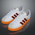 White Lace Up Casual Shoes with Three Brown Stripes and Orange Rubber Sole