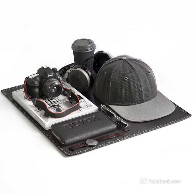 Professional Digital Camera Headphones And Accessories On Leather Display Mat 3d model