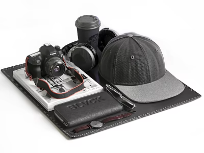 Professional Digital Camera Headphones And Accessories On Leather Display Mat 3d model