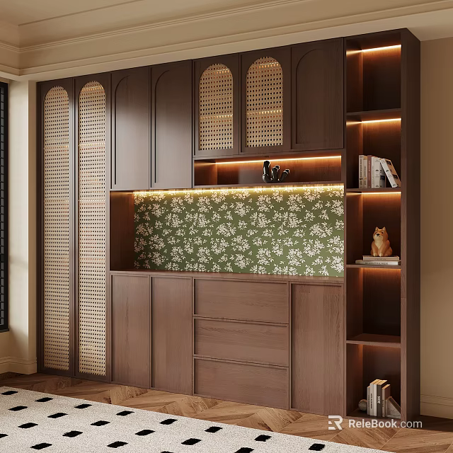 Dark Wood Sideboard with Lattice Doors Green Floral Backsplash LED Lighting and Open Shelves 3d model 