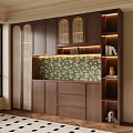 Dark Wood Sideboard with Lattice Doors Green Floral Backsplash LED Lighting and Open Shelves
