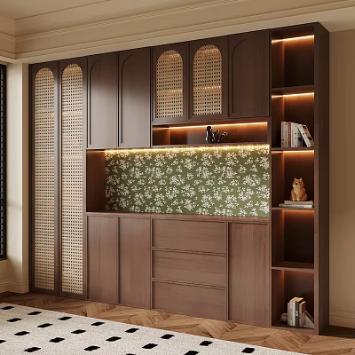 Dark Wood Sideboard with Lattice Doors Green Floral Backsplash LED Lighting and Open Shelves 3d model