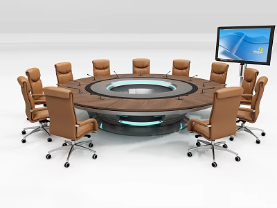 Modern Round Wooden Conference Table With Brown Office Chairs And Large Screen Monitor 3d model