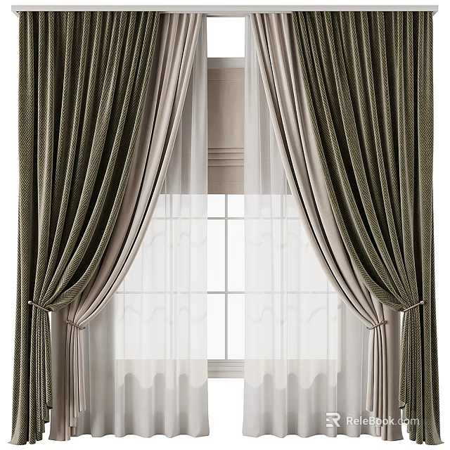 Elegant Green And Beige Velvet Curtains With Sheer Panels By Window 3d model 