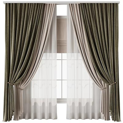 Elegant Green And Beige Velvet Curtains With Sheer Panels By Window 3d model