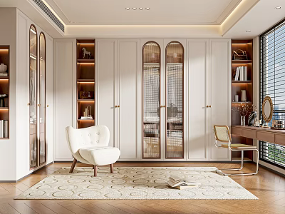 Elegant Walk in Closet with White Cabinets Arched Glass Doors Display Shelves and White Armchair 3d model