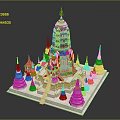 Cartoon Scene of Thai Temple Style with White Red Decorations Spires and Statue 3d model