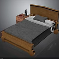 Solid Wooden Bed With Gray Quilt White Pillows And Red Nightstand With Lamp