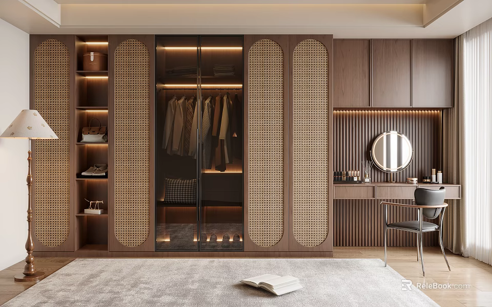 Modern Wooden Glass-Door Wardrobe With Hanging Clothes And Rattan Storage Shelves Interior Design 3d model 
