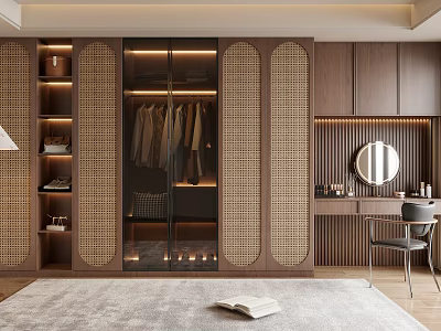 Modern Wooden Glass-Door Wardrobe With Hanging Clothes And Rattan Storage Shelves Interior Design 3d model