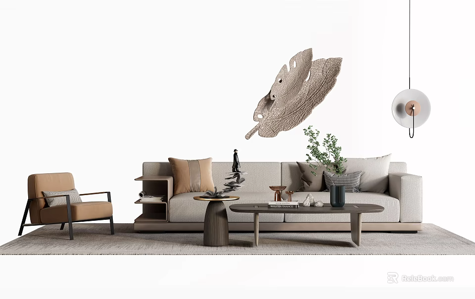 Modern Sofa And Coffee Table Set With Throw Pillows Accent Chair And Pendant Light 3d model 
