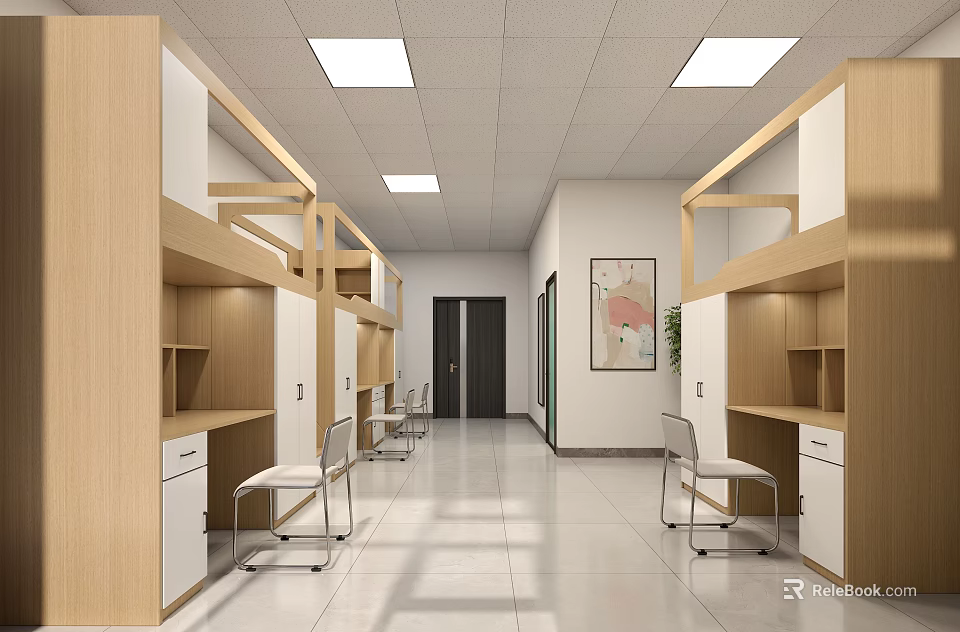 Modern Studio Apartment Interior With Bunk Beds Desks Chairs And Storage Cabinets 3d model 