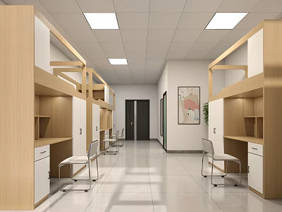 Modern Studio Apartment Interior With Bunk Beds Desks Chairs And Storage Cabinets 3d model