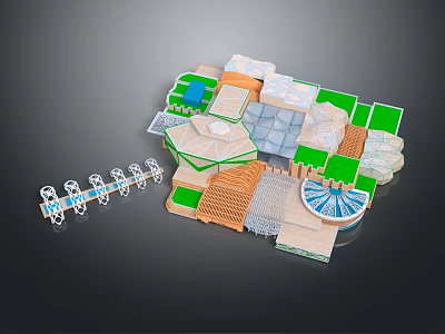 Cartoon Scene Featuring Colorful Buildings Green Lawns Circular Structures And Grid Floors 3d model