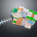 Cartoon Scene Featuring Colorful Buildings Green Lawns Circular Structures And Grid Floors