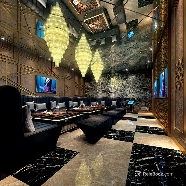 Luxurious Modern KTV Lounge With Crystal Chandeliers Sofas TV Screens And Marble Flooring 3d model 