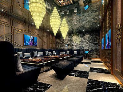 Luxurious Modern KTV Lounge With Crystal Chandeliers Sofas TV Screens And Marble Flooring 3d model