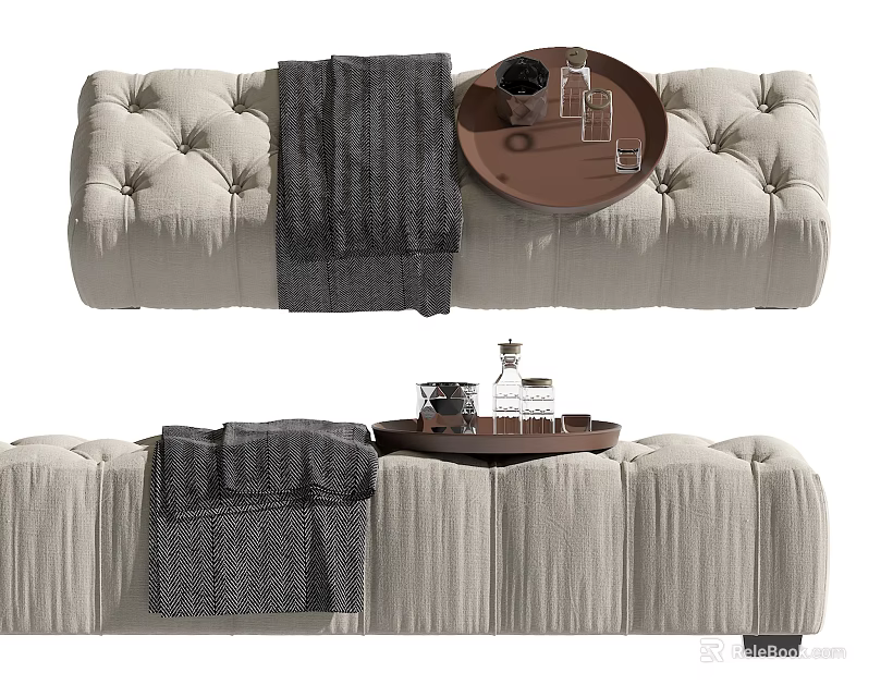 Beige Tufted Upholstered Bench With Gray Blanket Tray Glass Cups And Bottles 3d model 