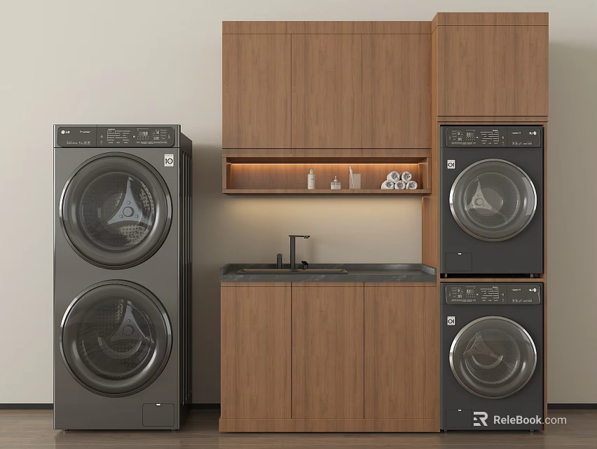 Stacked Front Loading Washing Machines In Laundry Room With Wooden Cabinets Sink And Countertop 3d model 
