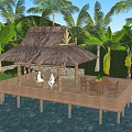 Landscape Pavilion with Thatch Roof on Wooden Deck Surrounded by Palm Trees Over Water