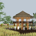 Modern thatched cottage viewing platform rural wooden platform viewing platform climbing tower activity center looking at the porch frame paddy field landscape 3d model