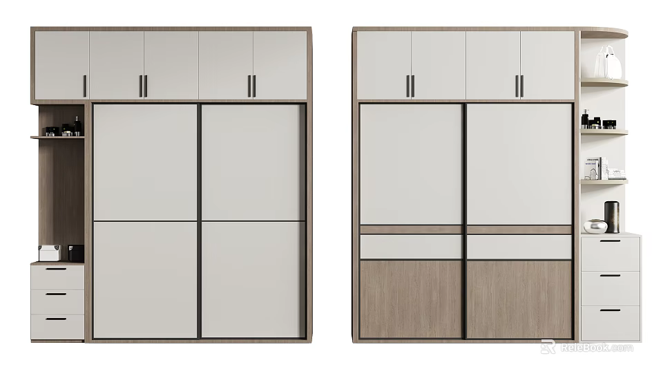 Modern Wardrobe With Light Grey Sliding Doors And Natural Wood Storage Design 3d model 