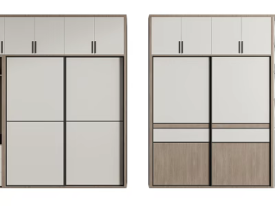 Modern Wardrobe With Light Grey Sliding Doors And Natural Wood Storage Design 3d model