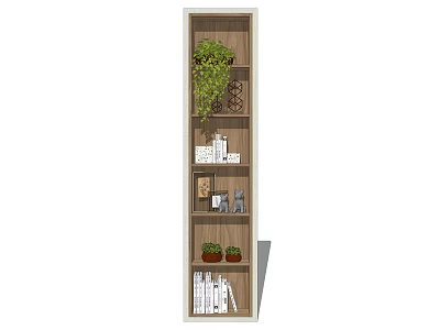 Wooden Bookcase with Multiple Shelves Books Green Plants and Decorative Items 3d model