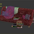 Red Tufted Sectional Sofa with Pink Plaid Blanket Colorful Cushions and Stack of Books