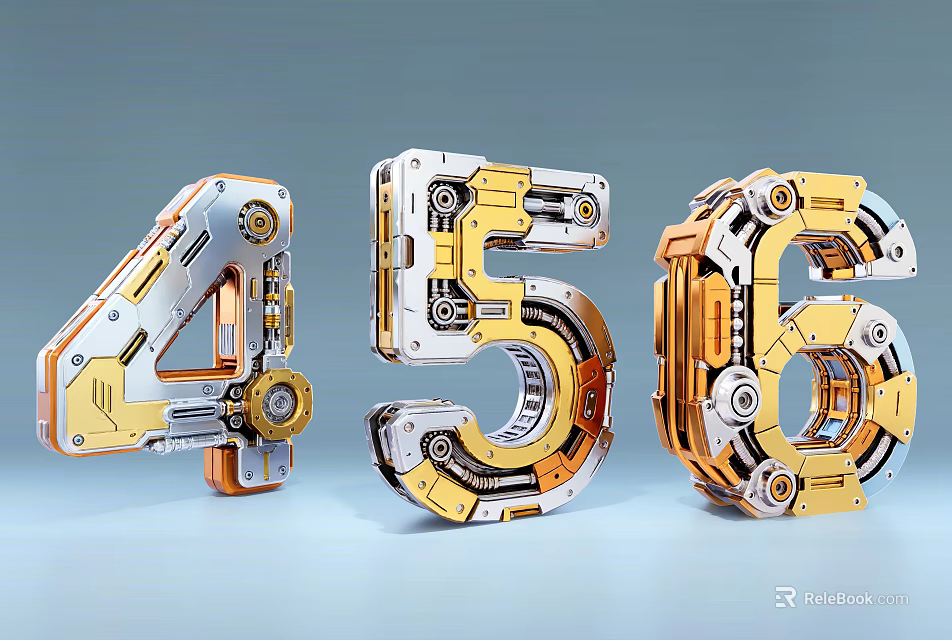 3D Mechanical Numbers Four Five Six With Gears And Metallic Structure Design 3d model