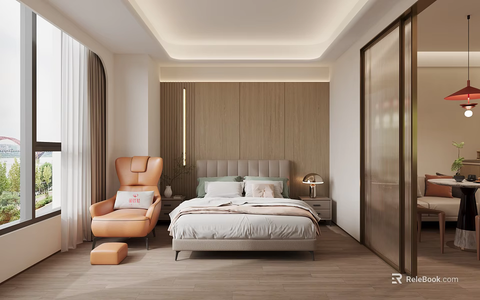 Modern Hotel Guest Room With Wooden Accent Wall Orange Armchair Ottoman Window Curtains And Bed 3d model 