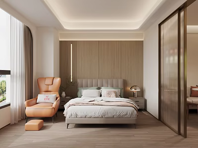Modern Hotel Guest Room With Wooden Accent Wall Orange Armchair Ottoman Window Curtains And Bed 3d model