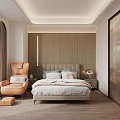 Modern Hotel Guest Room With Wooden Accent Wall Orange Armchair Ottoman Window Curtains And Bed