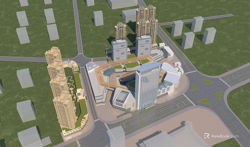 Modern High Rise Residential Buildings With Central Plaza Commercial Facilities And Green Spaces 3d model 
