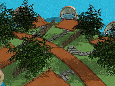 Outdoor Leisure Space With Wooden Walkways Green Trees Round Bamboo Pavilions Stone Paths And Fences 3d model