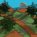 Outdoor Leisure Space With Wooden Walkways Green Trees Round Bamboo Pavilions Stone Paths And Fences
