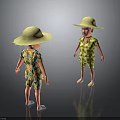 Elderly People In Straw Hats And Floral Shirts Standing On Black Ground With Reflections