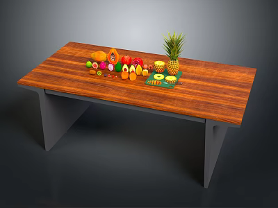 Dining Table With Wooden Top And Colorful Fruits Vegetables 3d model
