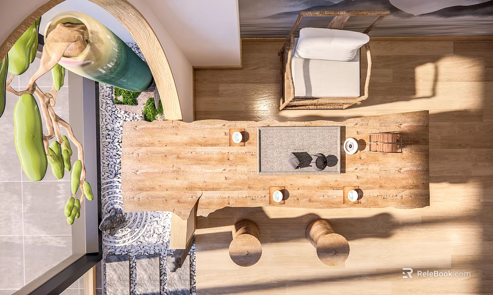 Natural Wooden Tea Table And Chairs With Tea Set And Stone Decorations In Bright Room 3d model 