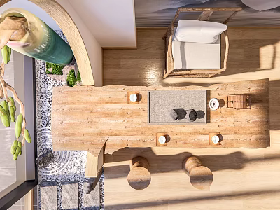 Natural Wooden Tea Table And Chairs With Tea Set And Stone Decorations In Bright Room 3d model