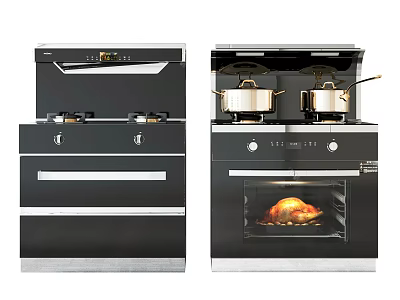 Modern Kitchen Appliances With Gas Stove Oven Drawers And Roast Chicken 3d model