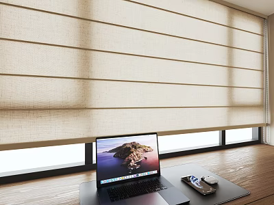 Modern Laptop on Wooden Desk with Mouse and Smartphone near Window Roller Blinds 3d model