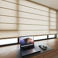 Modern Laptop on Wooden Desk with Mouse and Smartphone near Window Roller Blinds