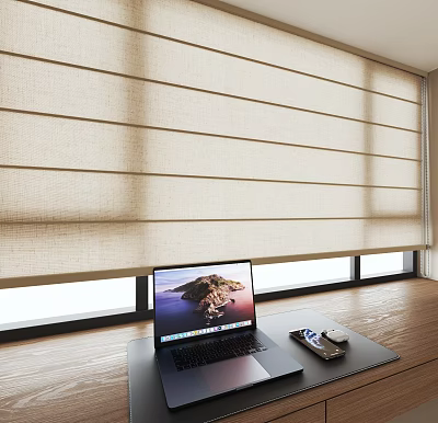 Modern Laptop on Wooden Desk with Mouse and Smartphone near Window Roller Blinds 3d model