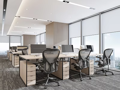 Modern Open Public Office Space With Desks Computers Office Chairs And Large Windows 3d model